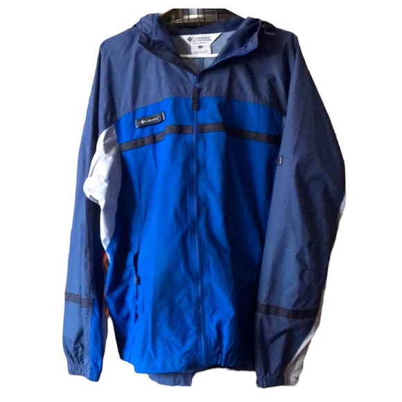 EUC Columbia XL Packable LS Blue Colorblock windbreaker pockets hood - Picture 1 of 5
